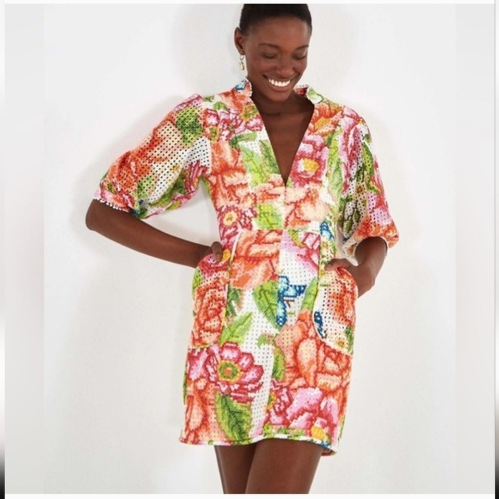 FARM Rio Colorful White Floral Eyelet Mini Dress Size Xs From Anthropologie - Picture 2 of 5
